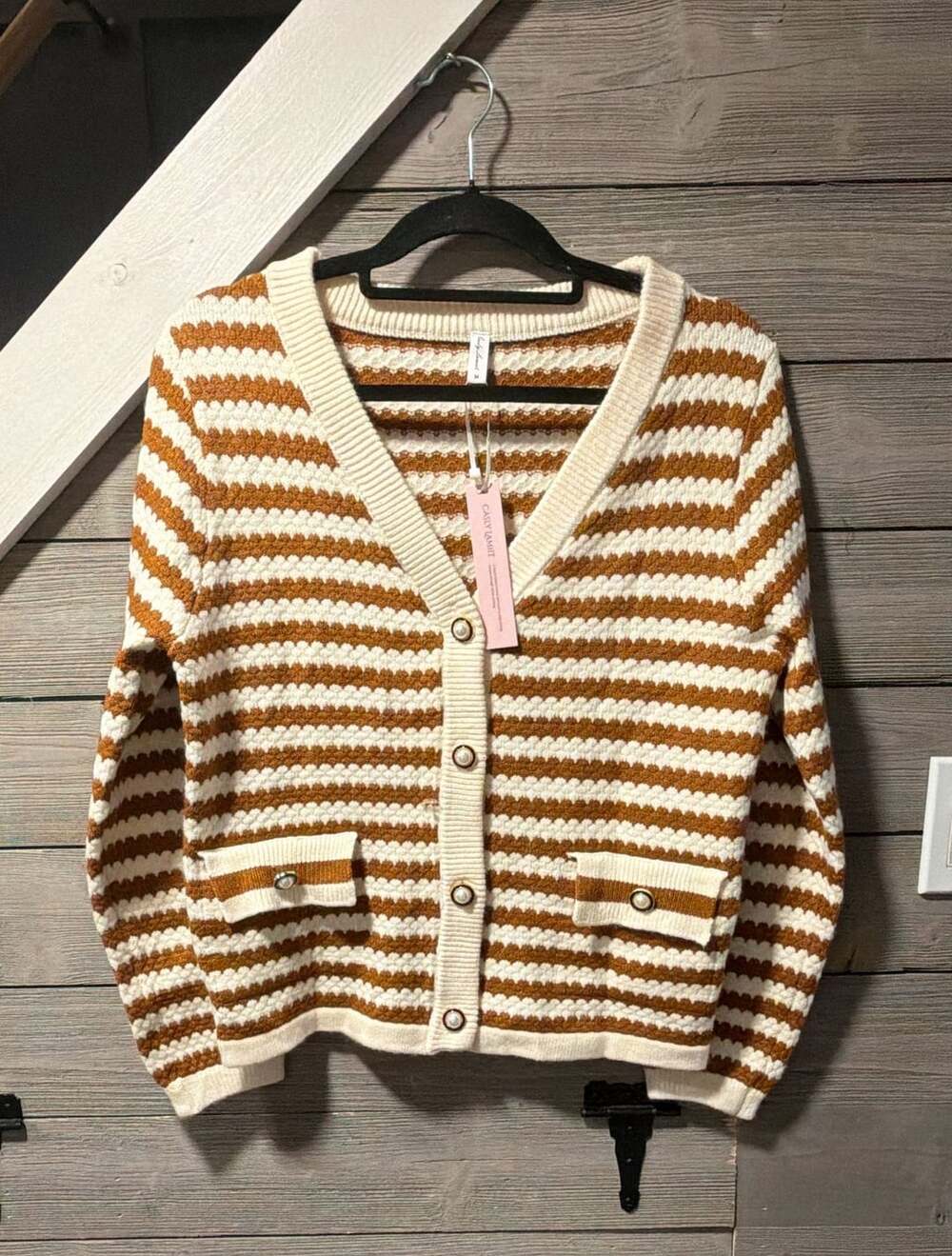 Casly Lamiit Striped Cardigan Size M Brown Cream V-Neck Pearl Buttons